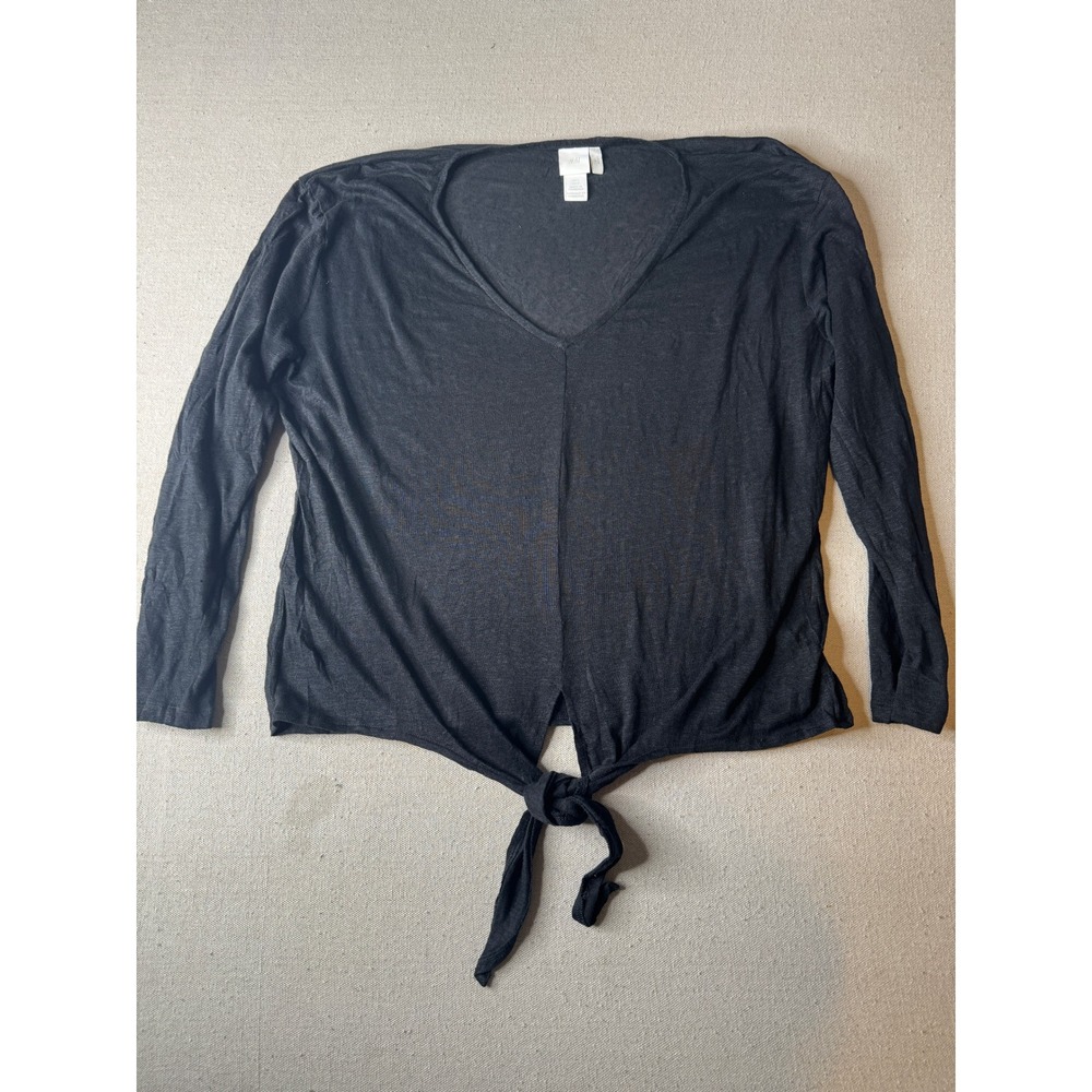 HM 100% Linen Black Tie Front V-Neck Long Sleeve Top Women Large